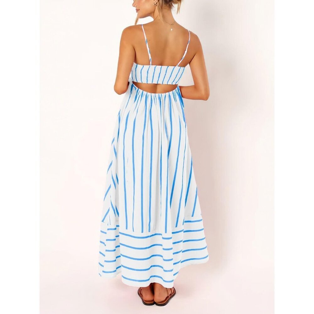 Women's Wide Blue White Striped Back Smocked Spaghetti Strap Cut Out Maxi Dress - Picture 2 of 7
